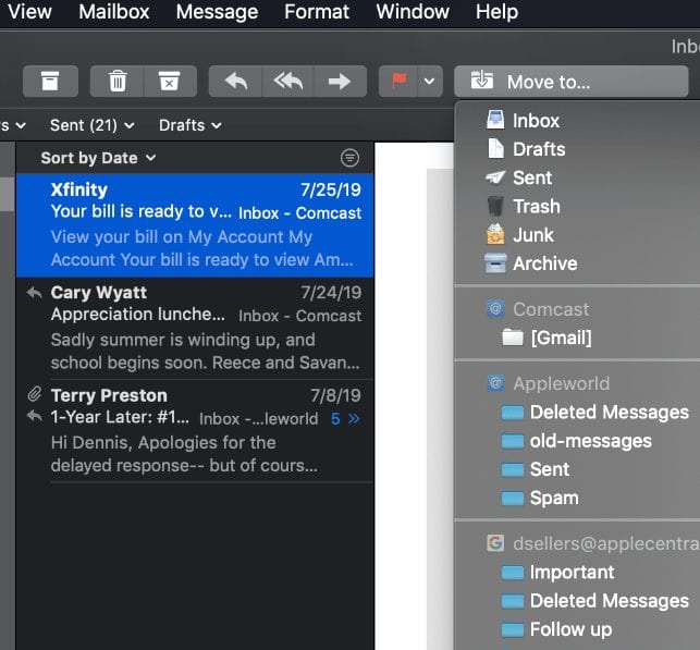 Screenshot of Mac Mail Move To menu