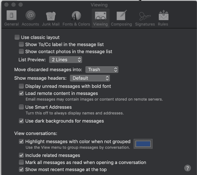 Screenshot of Mac Mail Viewing Preferences window