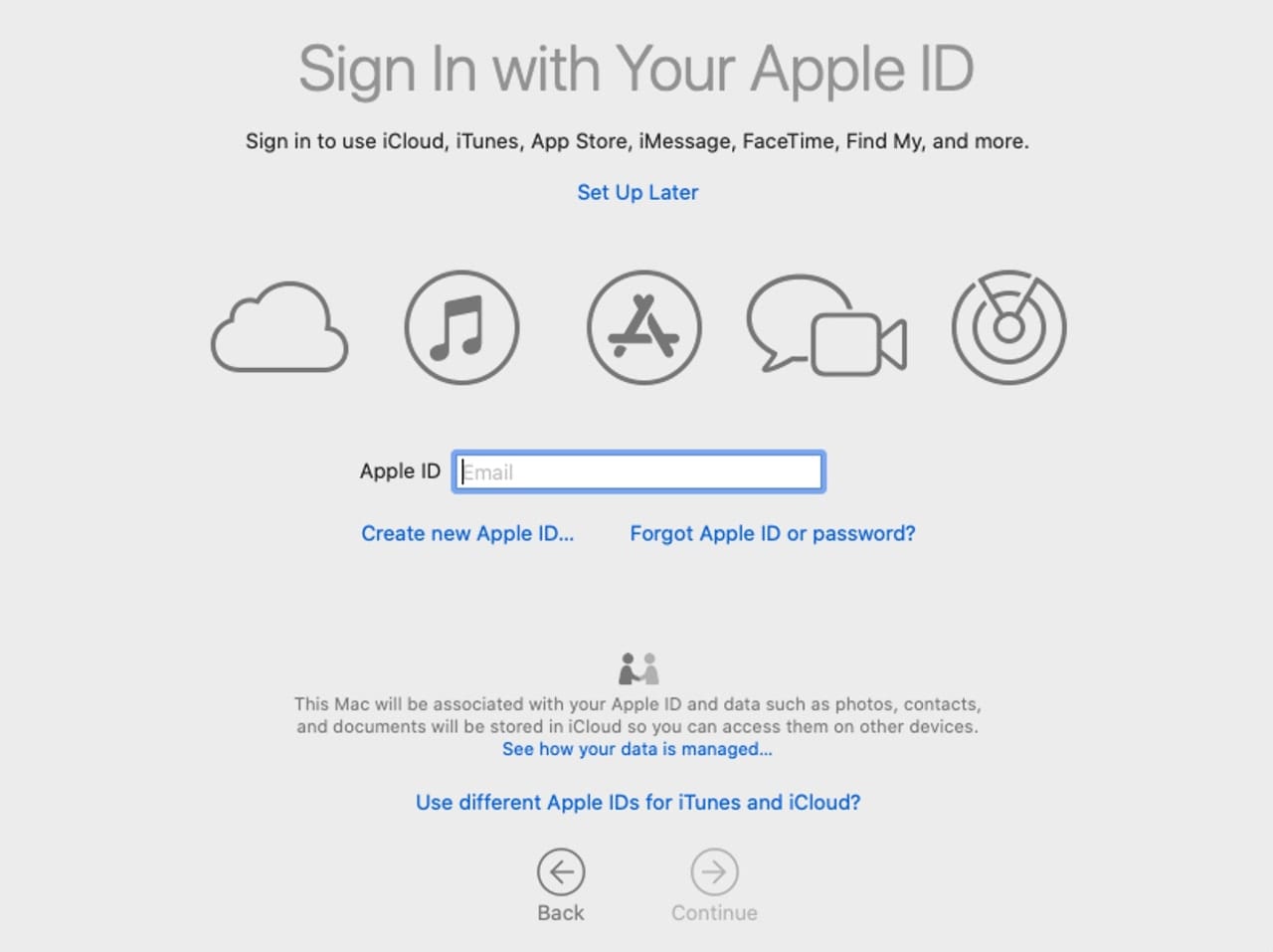 Enter your Apple ID to allow setup to configure multiple services for you.