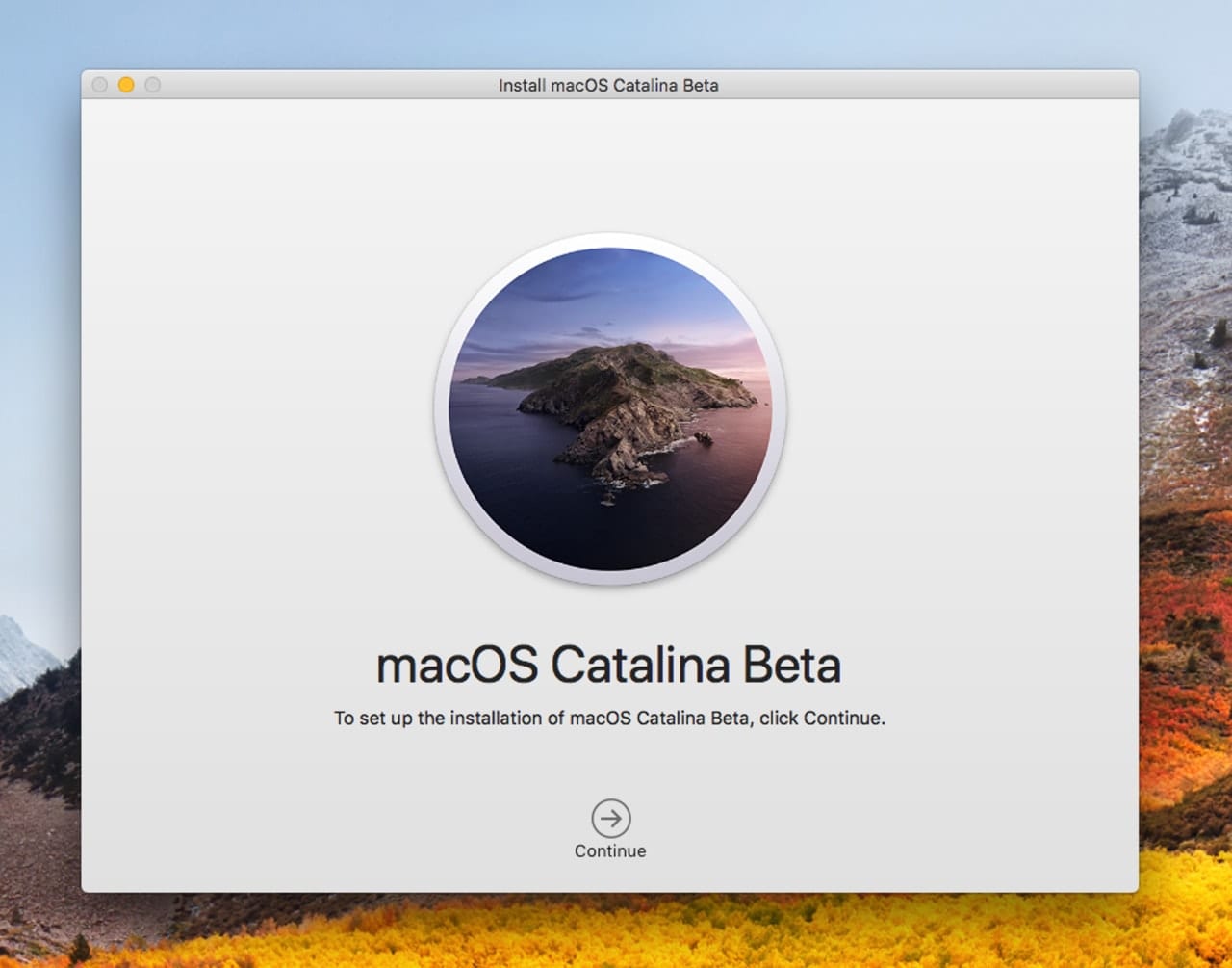 The macOS Catalina installer welcome screen.