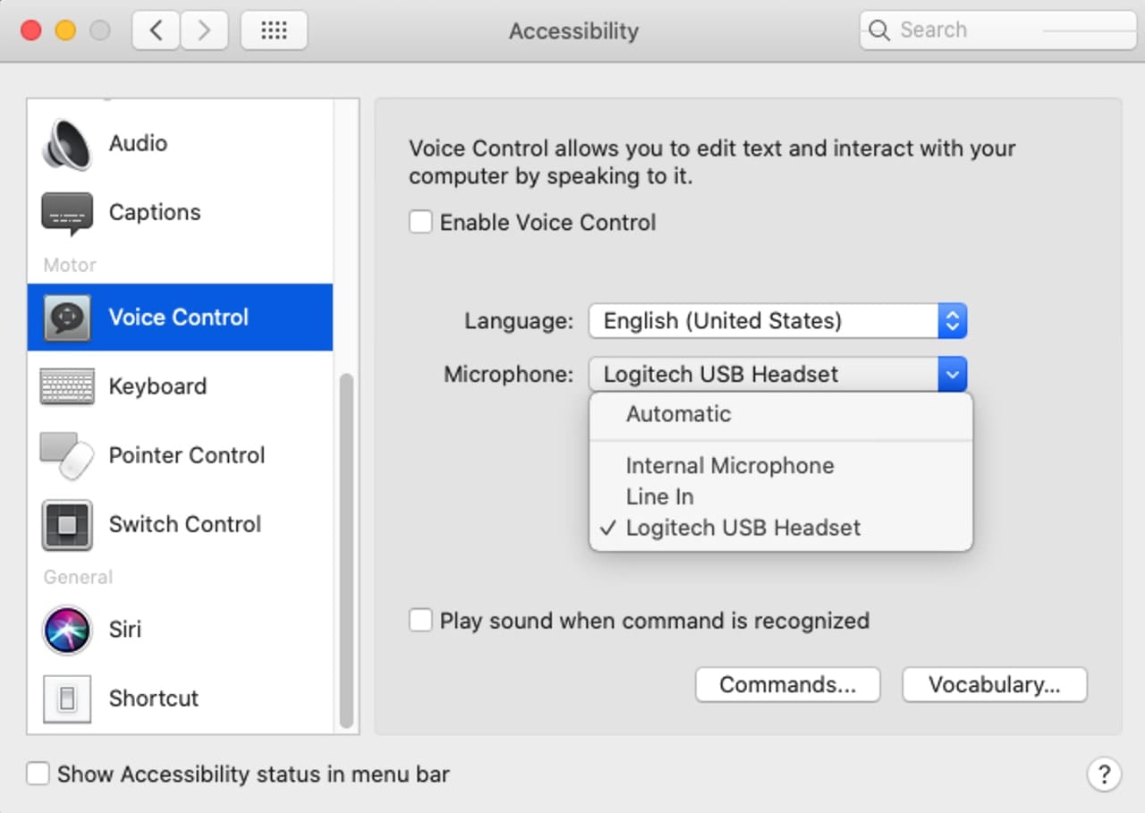 Voice Control lets you select which Microphone to use.