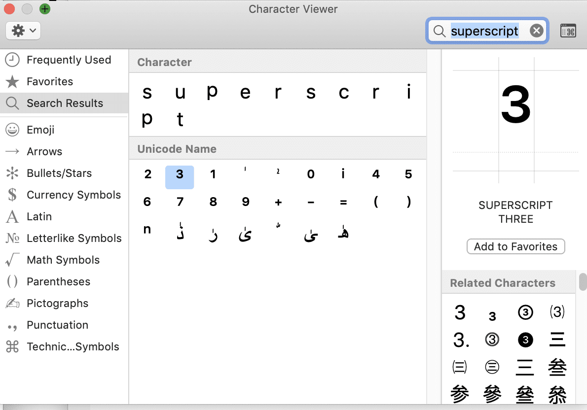 Superscript numerals in Character Viewer