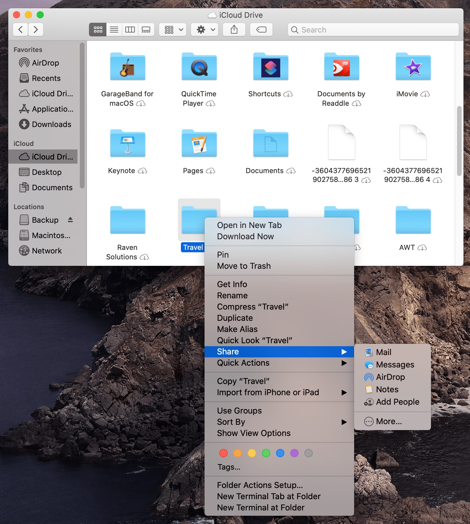 The Catalina iCloud Drive Share menu item looks almost identical to the one used to share files and folders in Mojave, but it's actually sharing access to the file or folder instead of trying to send that file to the recipient.