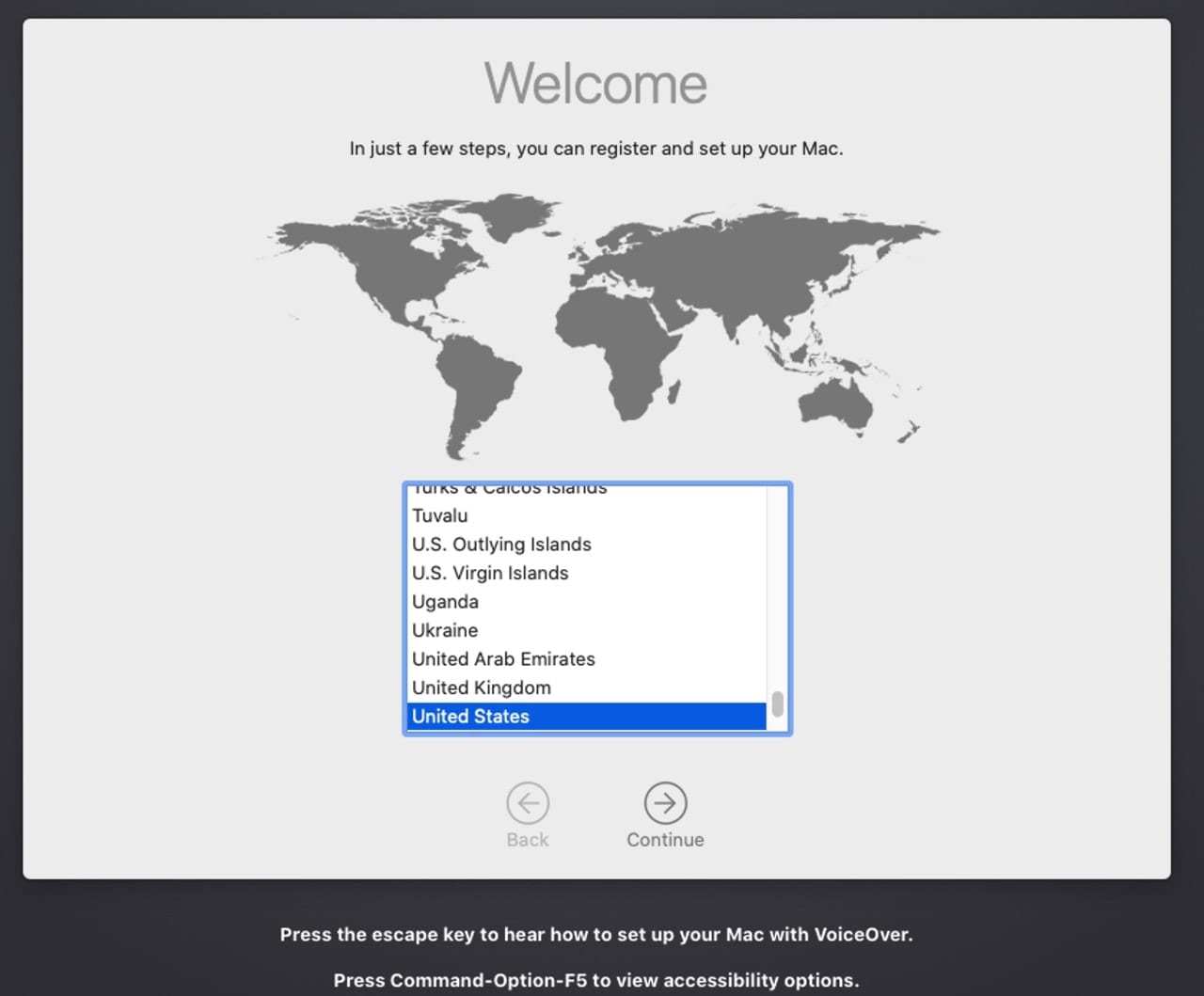 Select the country where the Mac is being used.