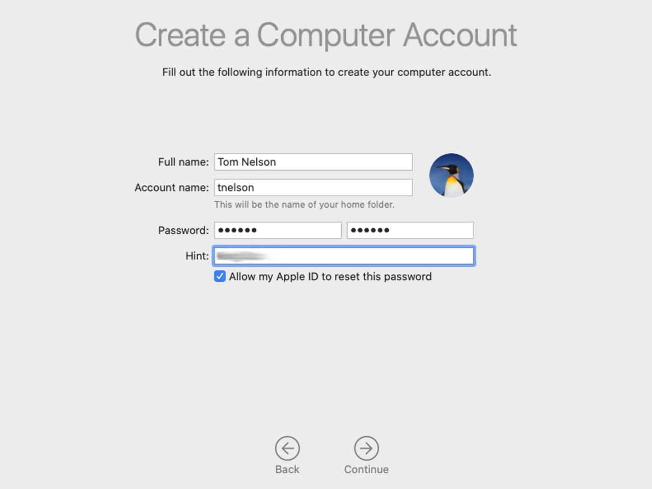 Enter the information to create an administrator account on your Mac.