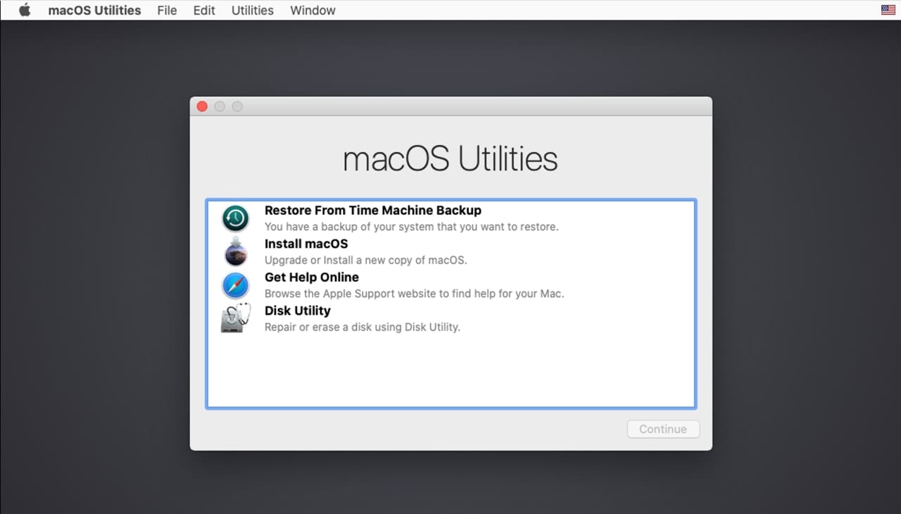 When you boot from the USB flash drive that contains the Catalina installer, you will see the macOS Utilities window.