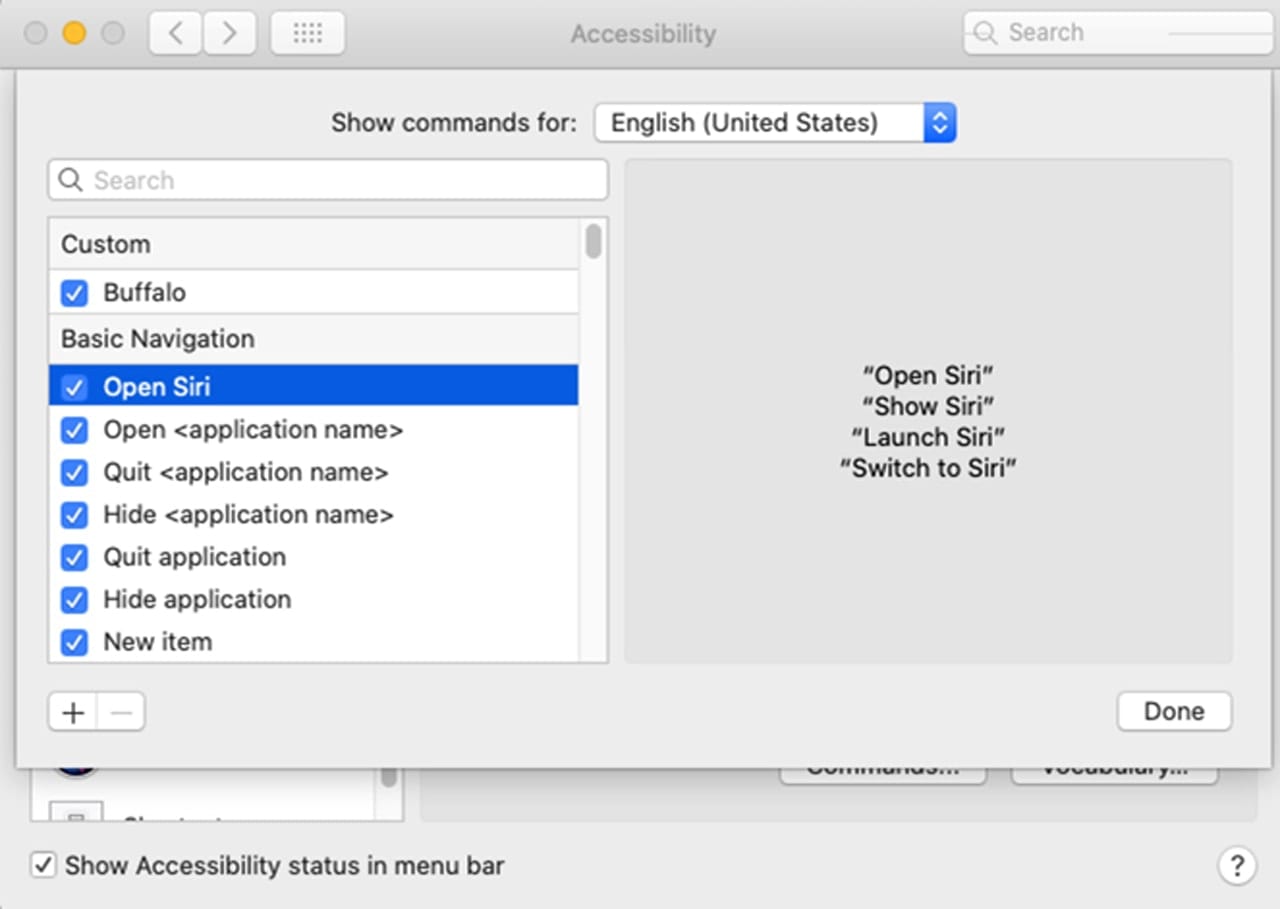 List of Voice Control commands.