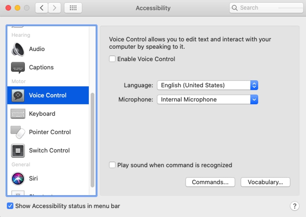 Accessibility preference pane displaying the Voice Control utility.