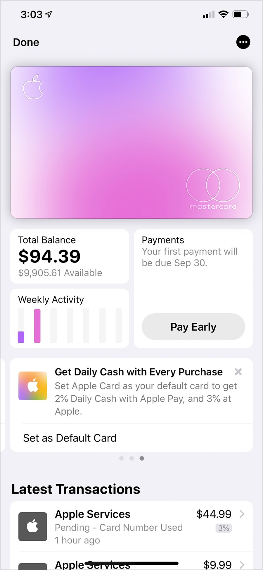 A real screen from a real Apple Card account. Believe it or not, the card at top changes colors to reflect the categories of the purchases made.