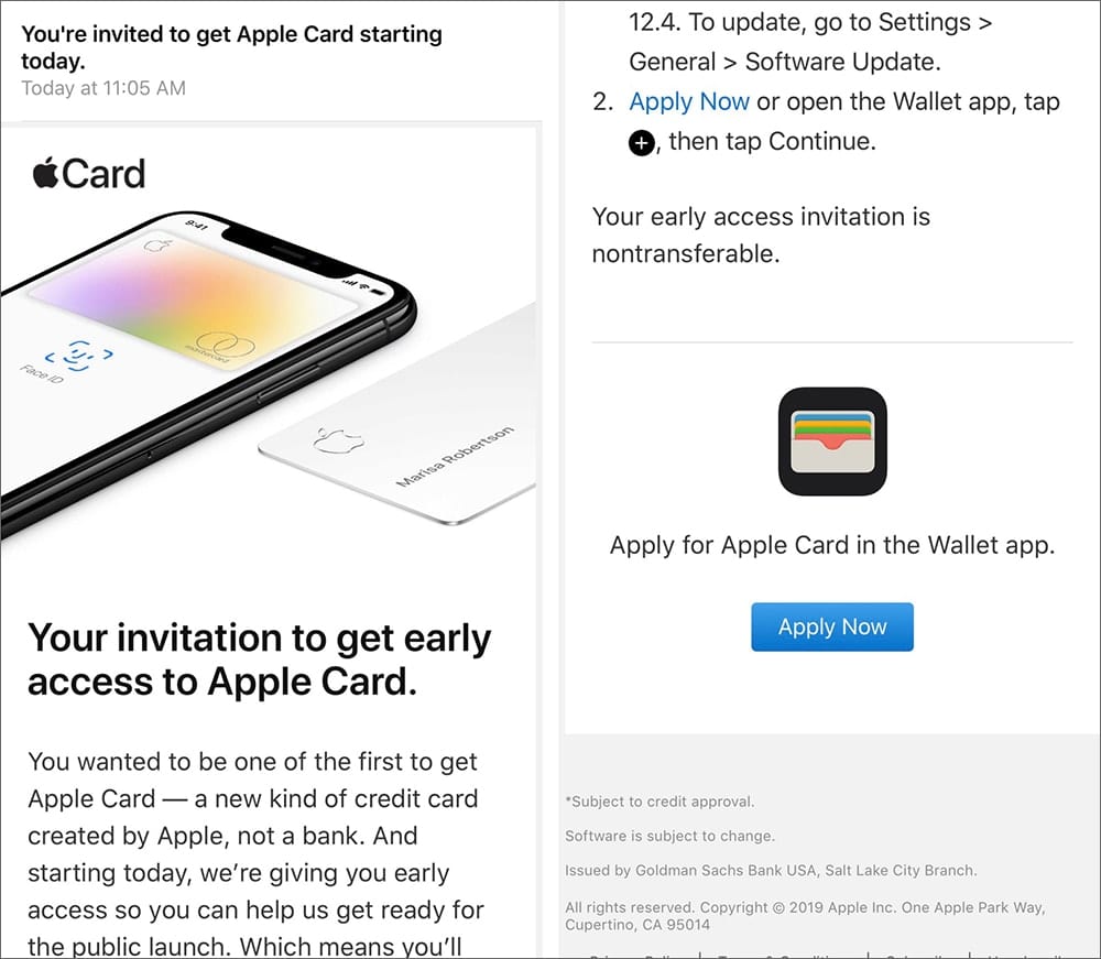 Screenshots showing parts of the email sent to those who requested early access to the Apple Card