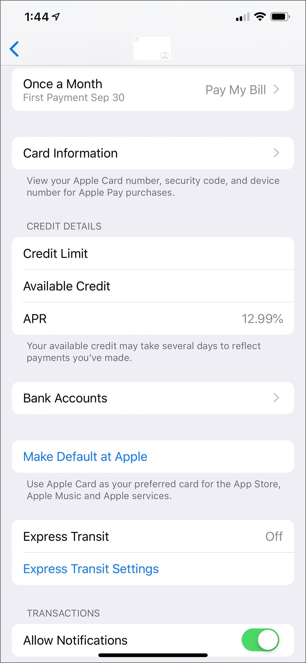 Apple Card setting screen in Wallet app