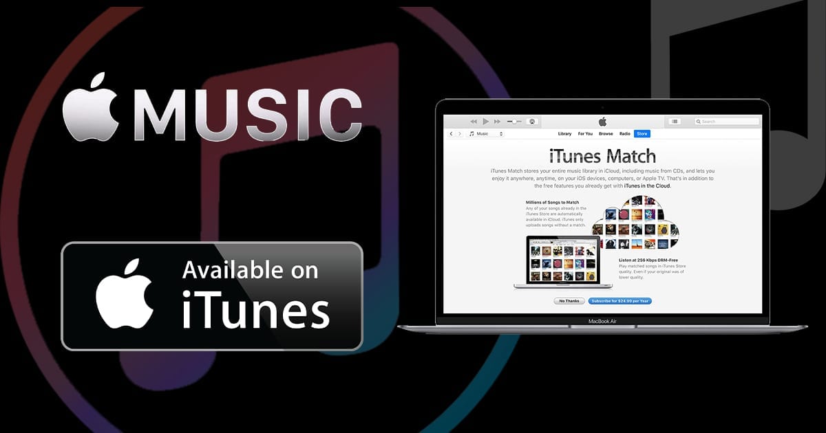 Graphic showing Apple Music logo, Subscribe in iTunes button and iTunes Match screenshot of computer