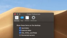 macos mojave desktop with finder preferences window and text that says "view your drive icons"
