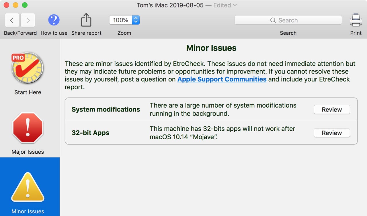 EtreCheck results after scanning a Mac.