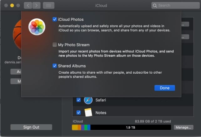 Screenshot of iCloud photos modal window in Preferences