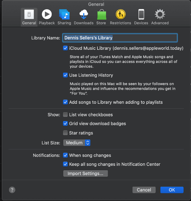 Screenshot of General preferences for iCloud music library