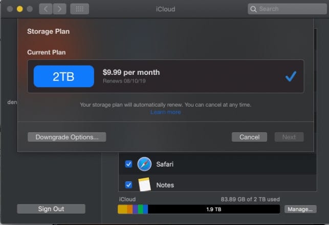 Screenshot of iCloud storge plan purchse option