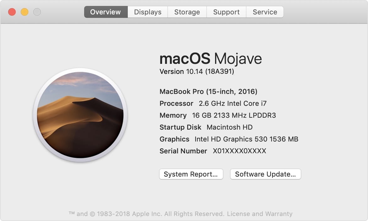 About This Mac on recent macOS releases reveal the model and year, processor specs, memory, graphics card, and other information