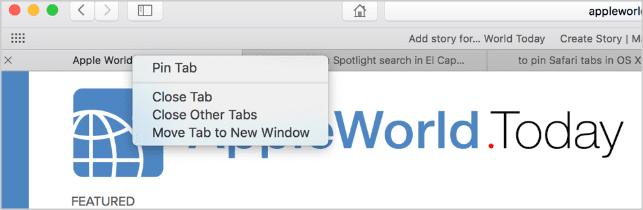 Screenshot of safari showing pin tab menu