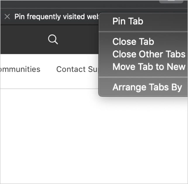 Screenshot of safari showing pin tab menu