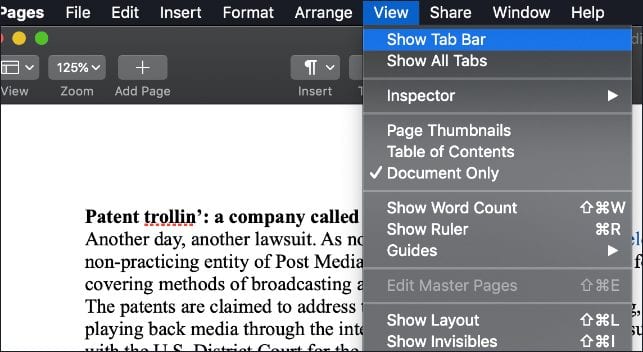 Screen shot of Mac Pages View menu with "Show Tab Bar" selected.