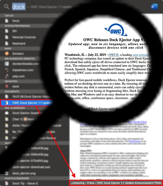 Magnifying glass over spotlight search window results