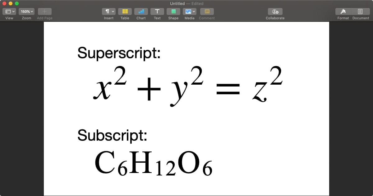Math equations showing superscript and subscript examples in mac pages