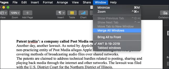 Screen shot of Mac Pages Window menu with "Merge All Windows" selected