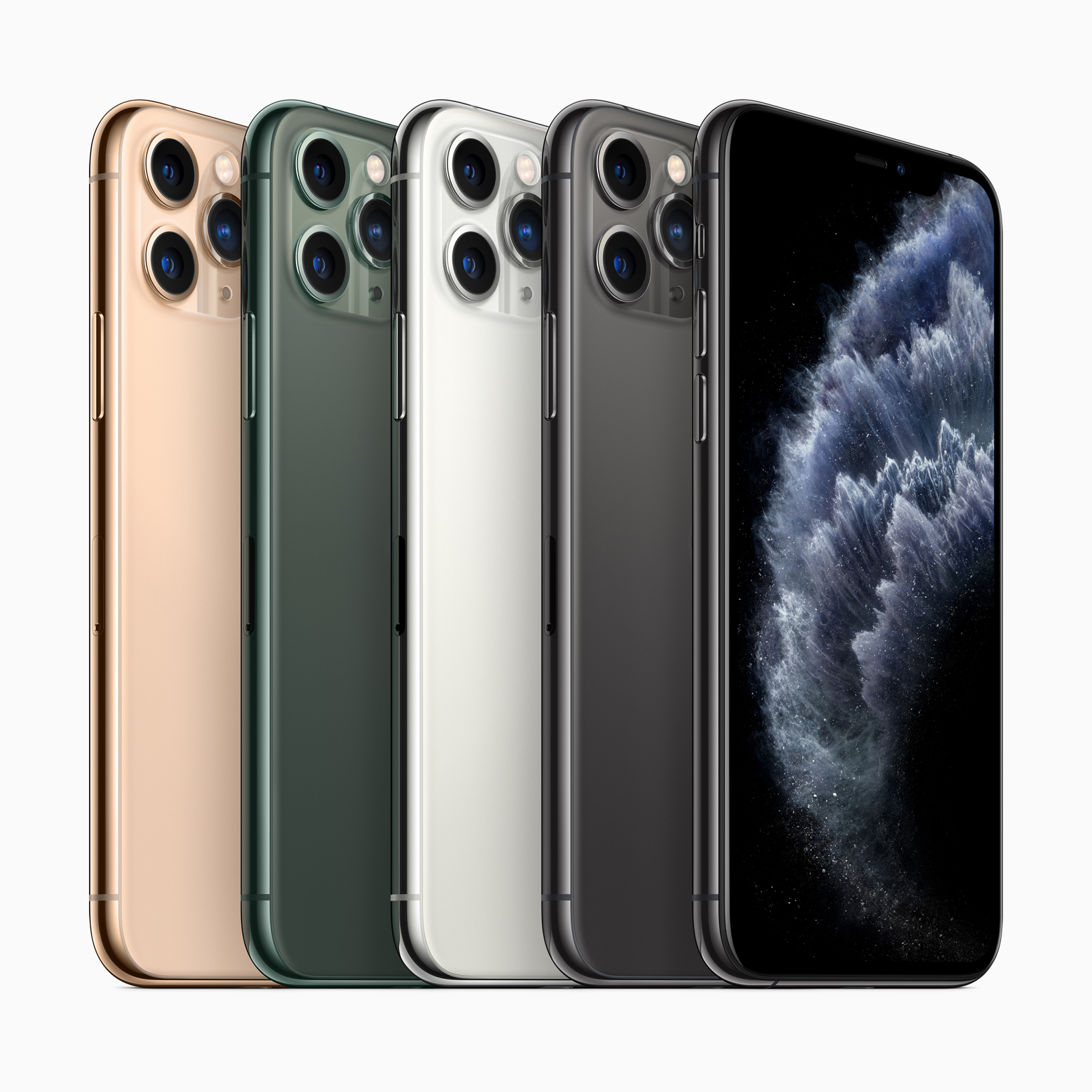 From right: gold, midnight green, silver, and space gray iPhone 11 Pro. Images via Apple