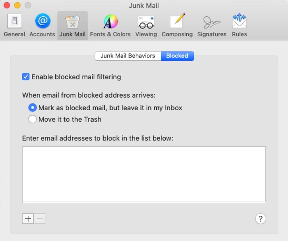 Mail supports blocking a sender in macOS Catalina.