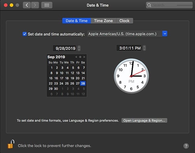 Date & Time preference pane.