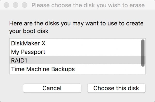 Select the disk volume for your boot disk, then click "Choose this disk"