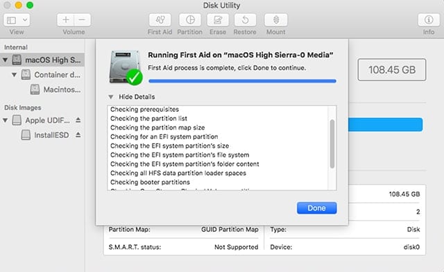 Disk Utility's First Aid feature used to check the health of a Mac's drive.