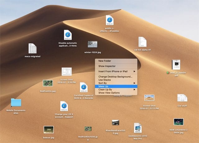 Use the hidden Mess Up Desktop menu item to create chaos on your desktop