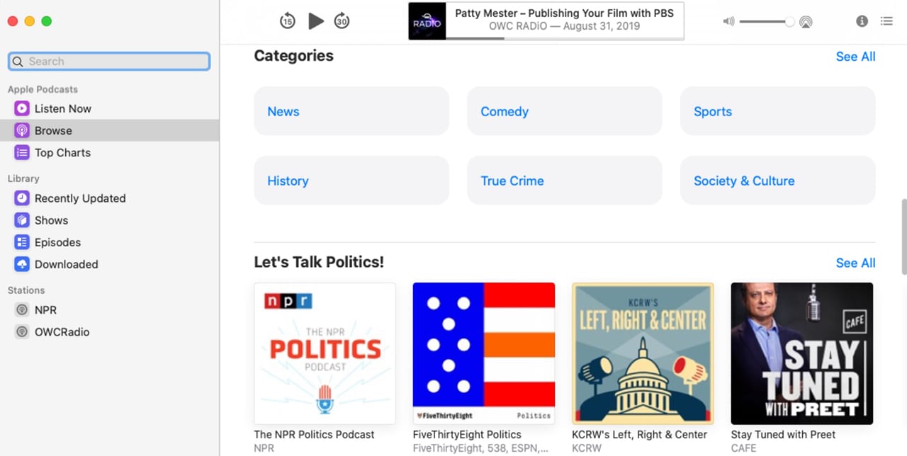 Use the sidebar to access the Apple Podcasts library.