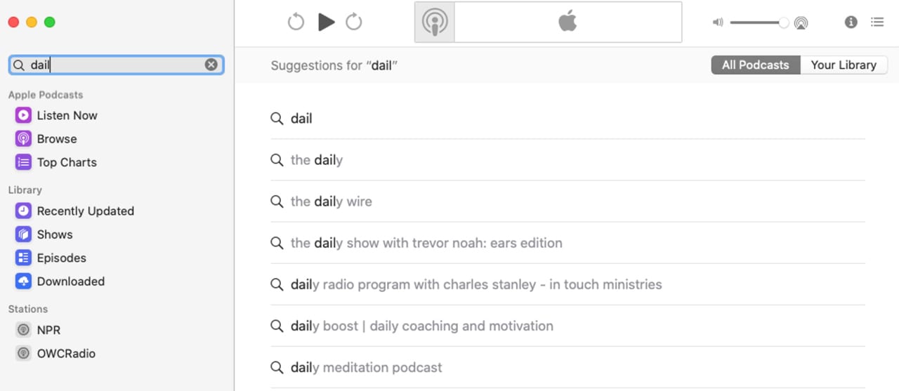 Using the search function in the Podcasts app.