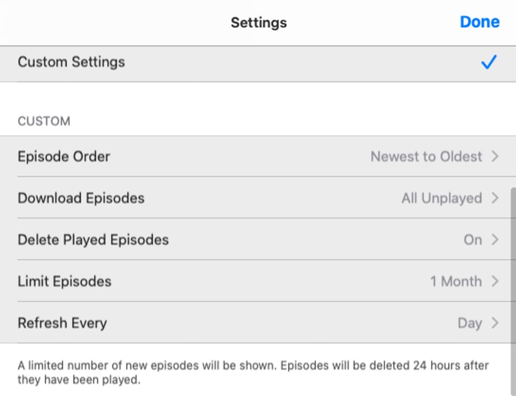 You can configure settings for each show you subscribe to.