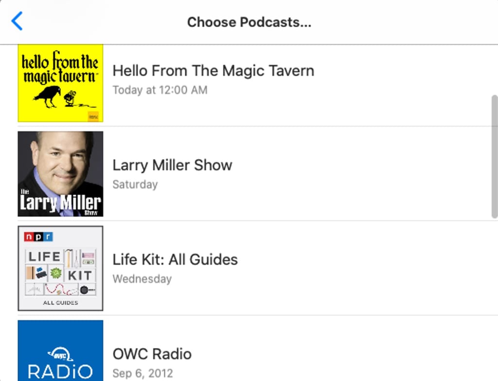 A list of shows you subscribe to is displayed when creating your own Podcasts station.