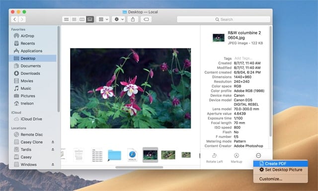 The Finder's new Gallery View showing the images metadata