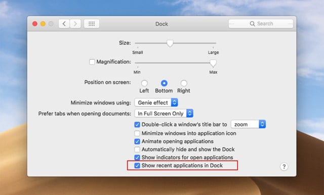 The Dock preference pane includes a checkbox to enable or disable the option to Show recent applications