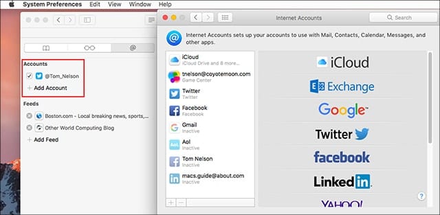 Social networks can be added to the sidebar by making use of the Internet Accounts preference pane.