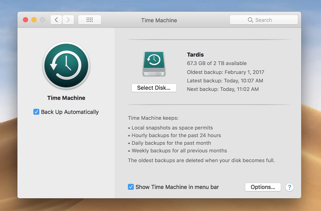 Screenshot of time machine backup window