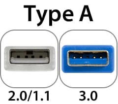 Side by side picture of USB Type A 2.0/1.1 and 3.0 ports