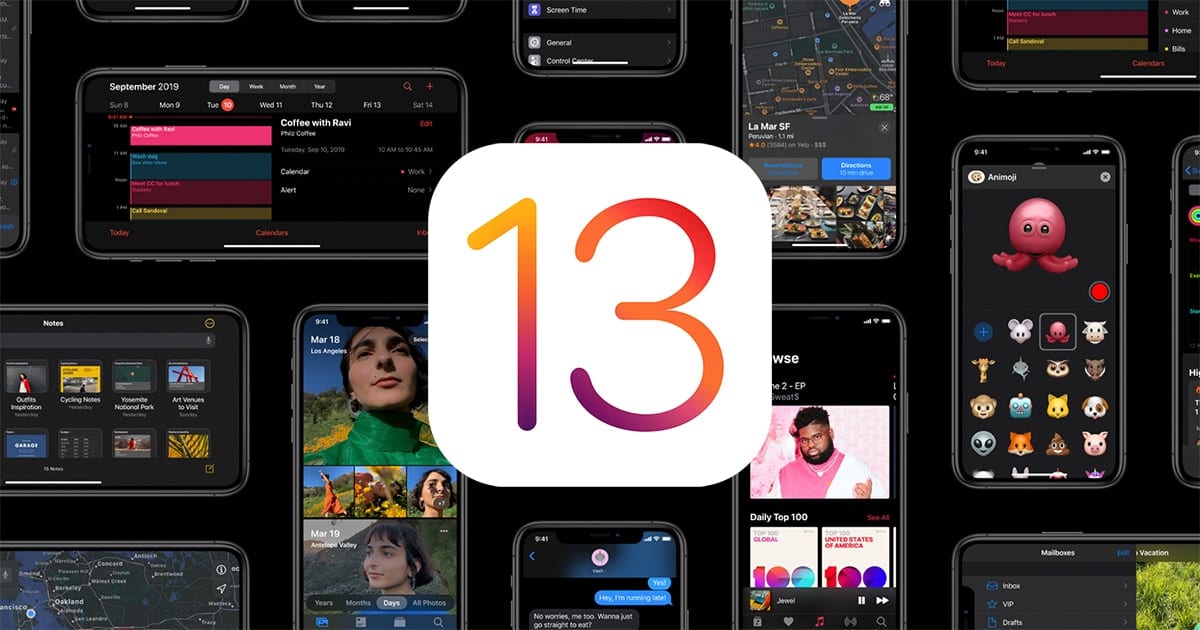 Image of iPhones with iOS 13 logo overlay