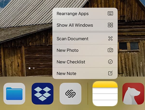 Tap and hold on the Notes app icon to rearrange apps ("jiggle mode"), show all Windows (Exposé), create new checklists or not, or take a photo or scan a document.