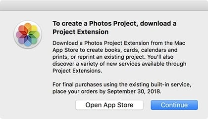 The dialog notifying Photos users to switch to third-party extensions to create print products