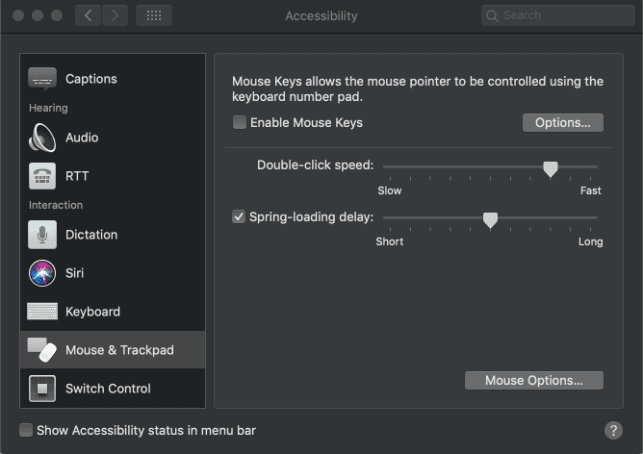 Screenshot of Mouse and Trackpad Accessibility System Preferences on a Mac