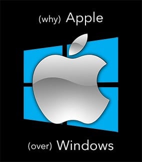Apple logo on top of Windows logo with test saying "why Apple over Windows"
