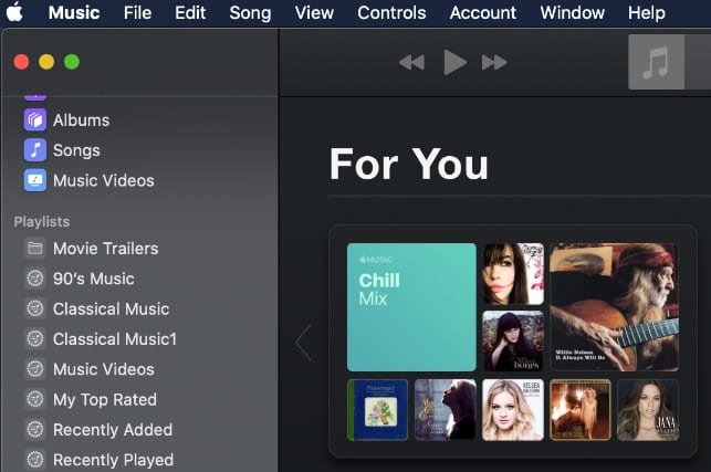 Screenshot of Catalina Music App showing Chill Mix