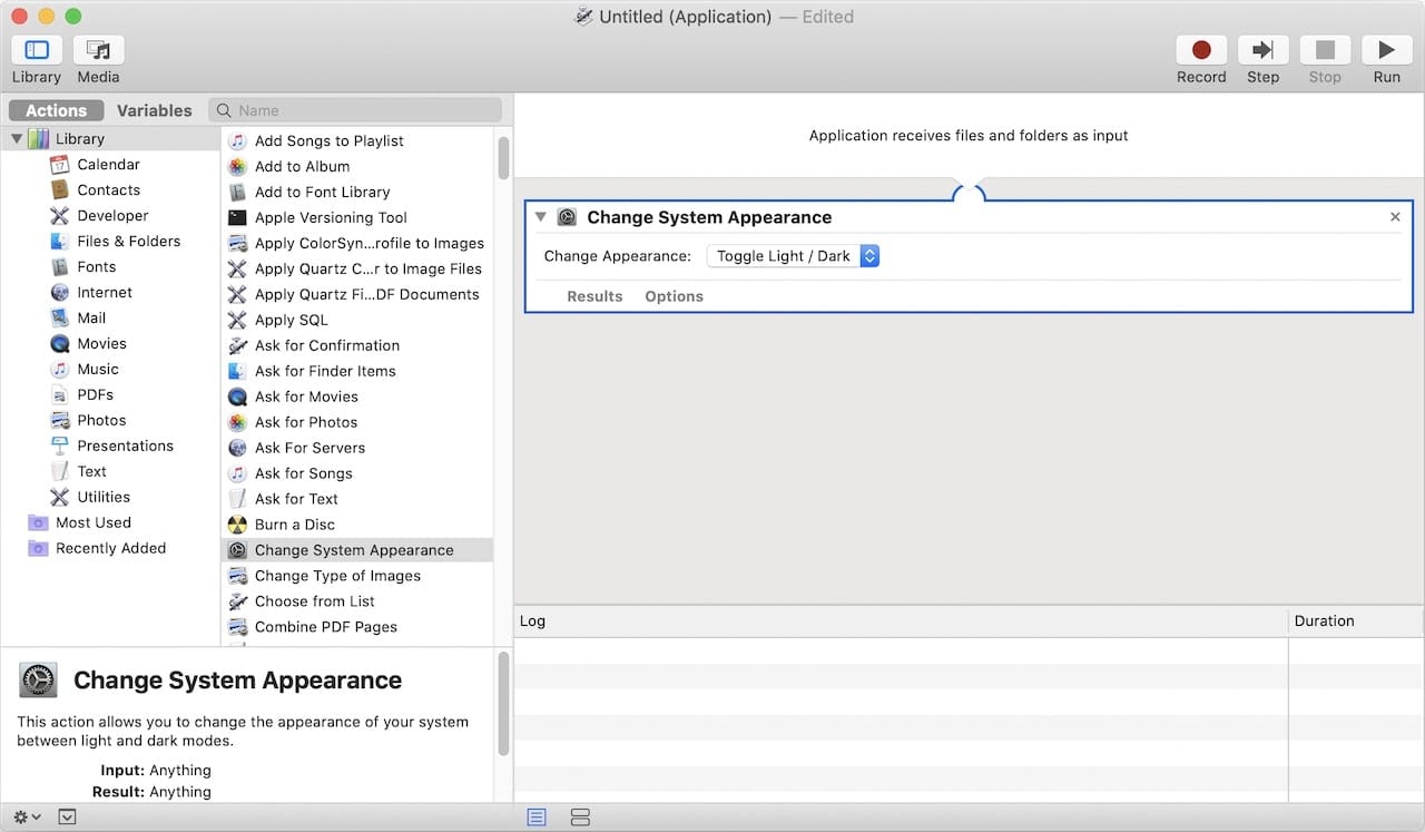 Drag the "Change System Appearance" action from the list at left to the workflow area at right